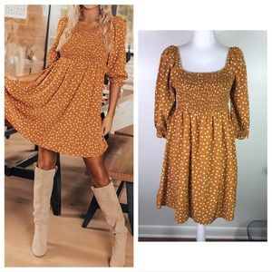 Andree by Unit Women’s Stretch smocked 1/2 sleeve babydoll polka dot dress Sz S